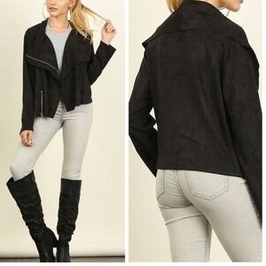 Umgee Womens Faux Suede Moto Jacket L Black Drape Front Asymmetrical Zip Biker
